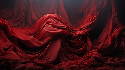 Vibrant art takes center stage as a deep red curtain cascades over the mysterious darkness of an indoor setting - obrazy, fototapety, plakaty