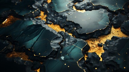 An intricate water map of the abstract world, glimmering with black and gold details, invites us to dive deeper into its mesmerizing depths