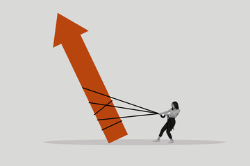 Picture collage image of strong purposeful girl pulling huge arrow isolated on drawing background