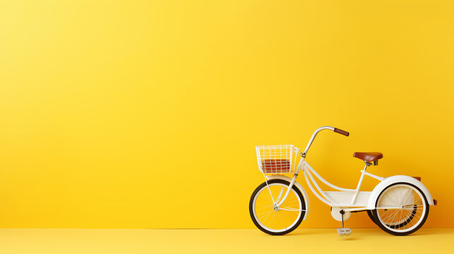 White vintage tricycle on yellow background