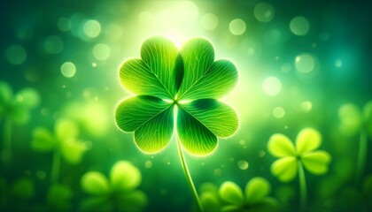 Single clear four leaf clover, blurred four leaf clover background.
