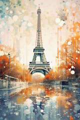 Abstract Illustration of Paris, Eifeltower, Arc de Triomphe, Louvre, Saine