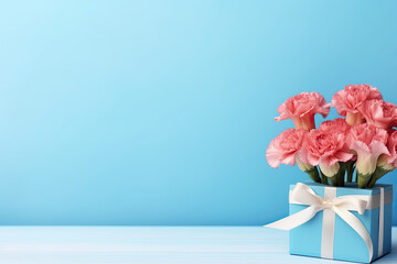 Pink Flowers Bouquet and Gift Box on Blue Wall Background: Concept of Mother's Day, Valentine's Day Celebration. Copy Space for Banner or Poster