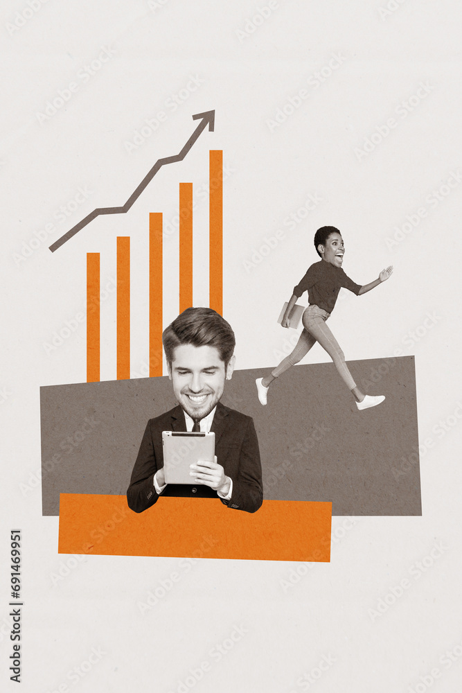 Poster collage image of cheerful people office managers working together improving statistics isolated on d