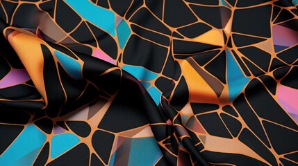 Abstract neuro motives Pattern Fabric Drapery. Close-up of a luxurious fabric with a vivid neural abstract pattern, draped elegantly with shadows and highlights.