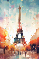 Abstract Illustration of Paris, Eifeltower, Arc de Triomphe, Louvre, Saine - obrazy, fototapety, plakaty