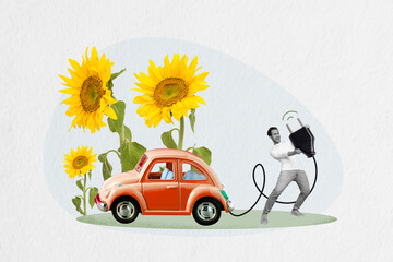 Photo cartoon sketch collage picture of funky guy driving electro car isolated white color...