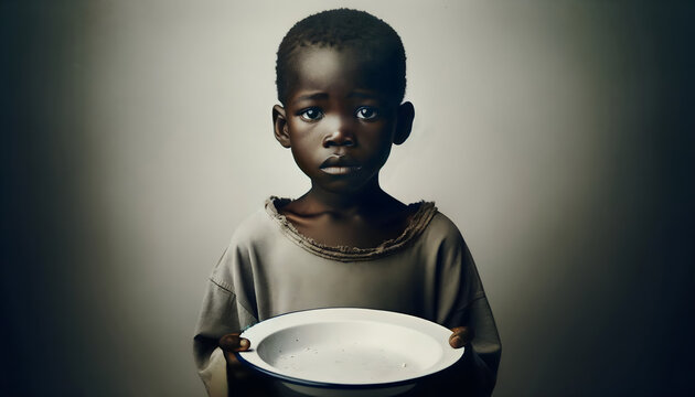 Malnourished Child Holding Empty Plate in Developing Country