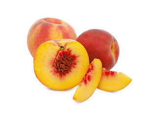 Whole and cut delicious peaches isolated on white