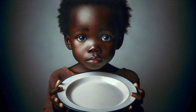 Malnourished Child Holding Empty Plate in Developing Country