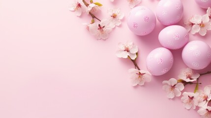 Frame background with easter eggs and dogwood flowers on isolated pink background