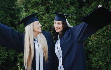 Happy group of multiethnic university students in graduation gowns and caps celebrating outdoors,...