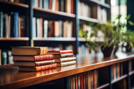 Abstract blurred empty college library interior space. use for background or backdrop in book shop business or education resources concepts. Blurry classroom with bookshelves by defocused effect.
