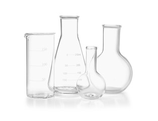 Many laboratory flasks and beaker isolated on white
