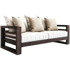 Fototapeta premium Garden sofa made of dark brown wood with light beige square pillows, isolated on transparent background