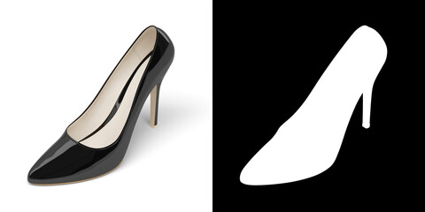 Elegant women's high-heeled shoes. Patent leather. Black color. 3d illustration. RGB+Alpha channel