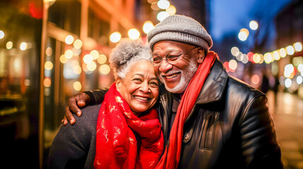 Obraz premium Senior Couple Sharing a Warm Embrace on City Night
