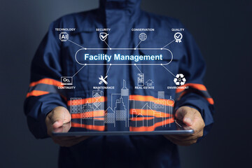 Facility management concept with engineer using tablet to show performance of technology applied on facility in the smart city such as security, maintenance, environment, conservation - obrazy, fototapety, plakaty
