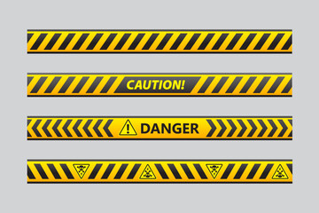 Set Black and yellow police stripe border, construction, caution danger seamless tapes vector - obrazy, fototapety, plakaty