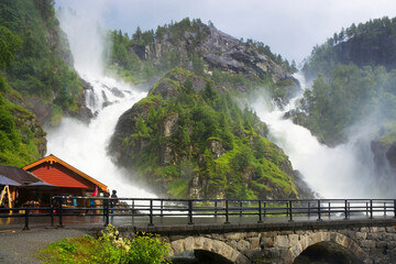 Bridge at the twin waterfall Latefossen in the Odda valley, Norway