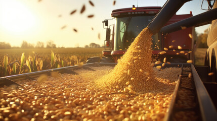 A harvester pouring freshly harvested corn maize seeds or soybeans into a container trailer during the morning sunshine - obrazy, fototapety, plakaty