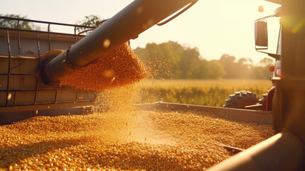 A harvester pouring freshly harvested corn maize seeds or soybeans into a container trailer during the morning sunshine