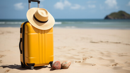 Yellow luggage with hat and red flip flop on sandy beach - obrazy, fototapety, plakaty