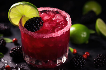 Blackberry Jalapeno Margarita with lime and ice close up