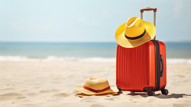 Yellow luggage with hat and red flip flop on sandy beach