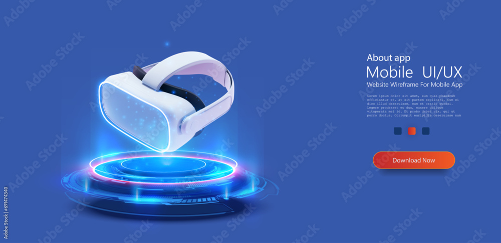 Poster blue glowing dots ring on floor. circle podium or teleport. futuristic virtual reality headset displ