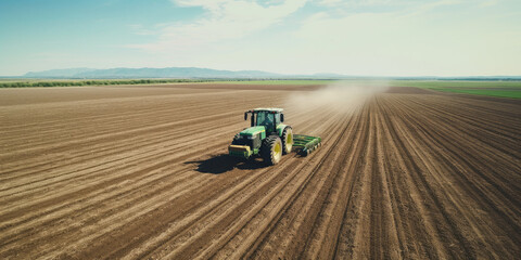 Obraz premium Agricultural field in spring, a farmer on a tractor cultivating, planting, and preparing for harvest.