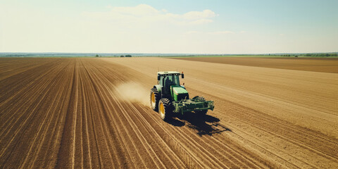 Agricultural landscape with a tractor at work in the field, cultivating soil and preparing for harvest.