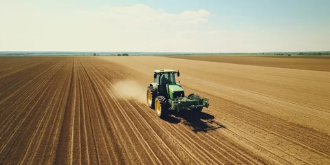Foto auf Alu-Dibond Agricultural landscape with a tractor at work in the field, cultivating soil and preparing for harvest. © Andrii Zastrozhnov