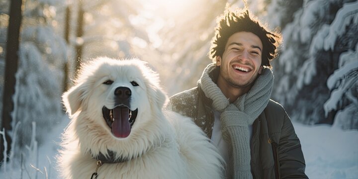 A joyous winter scene capturing the happiness and friendship between a man and his cute white dog in a snowy forest.