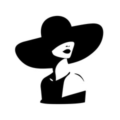 Portret pięknej kobiety w eleganckim kapeluszu z szerokim rondem. Młoda dziewczyna narysowana w minimalistycznym stylu. Ilustracja wektorowa High Fashion. - obrazy, fototapety, plakaty