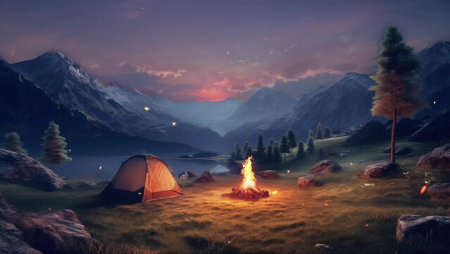 Camping with bonfire in the mountains sunset with fire Animation looping 4k video