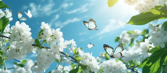 Beautiful butterflies gracefully float on white flowers, amidst lush green nature, under a bright sunlit sky - obrazy, fototapety, plakaty