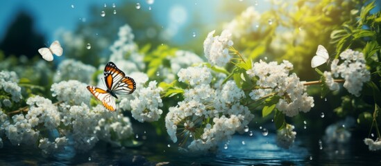 Beautiful butterflies gracefully float on white flowers, amidst lush green nature, under a bright sunlit sky - Powered by Adobe