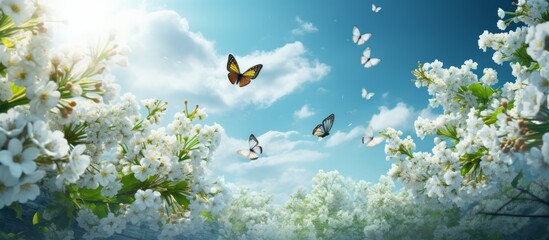 Beautiful butterflies gracefully float on white flowers, amidst lush green nature, under a bright sunlit sky - obrazy, fototapety, plakaty
