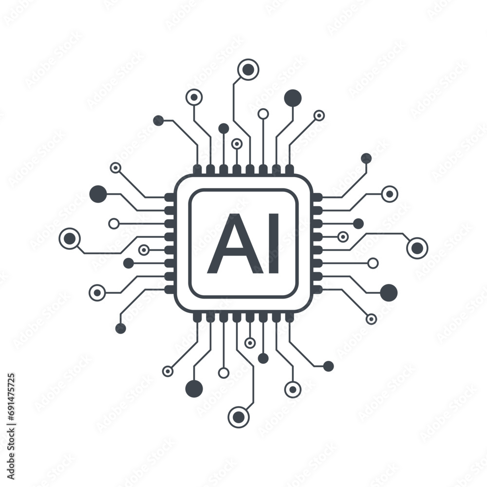 Poster artificial intelligence icon, sign, logo in the circuit line style. ai processor vector icon flat de