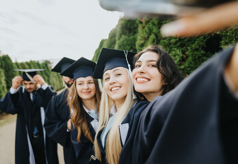 Celebrate graduation with friends in a park. Students in gowns and caps creating memories, taking selfies together. Happy graduates have achieved a successful bachelors degree.