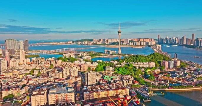 Aerial view of Macau city skyline with modern buildings scenery at sunset, China. beautiful coastline scenery. Famous travel destination. 