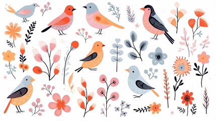 Fototapeta premium A Bunch of Birds and Flowers on a White Background