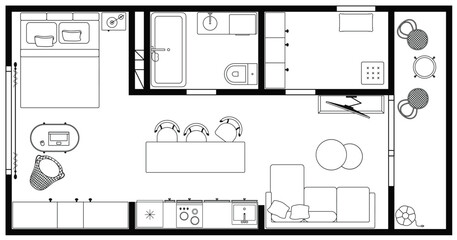 Apartment floor plan. Architecture micro studio plan of condominium, flat, house. Interior design of kitchen, living room, bedroom and bathroom. Furniture elements set. 2D top view
room layout. Vector - obrazy, fototapety, plakaty