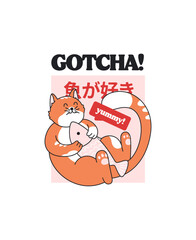 Japanese t-shirt design with a cute cat holding a fish theme.