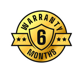 6 months warranty. Shield, stars, ribbon circle gold label. For icon, logo, seal, tag, sign, symbol, badge, stamp, sticker, etc. Vector
