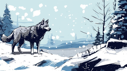Winter's Whisper: Wary Wolf in Snowy Sketch