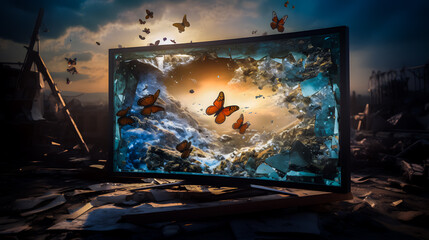 Ecran placé dans la nature montrant un paysage avec des papillons - obrazy, fototapety, plakaty