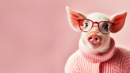 Cute cartoon anthropomorphic pig wears a pink sweater and glasses, web banner with copy space for text - obrazy, fototapety, plakaty