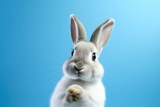 Friendly gray surprised Easter bunny on a blue copy space background